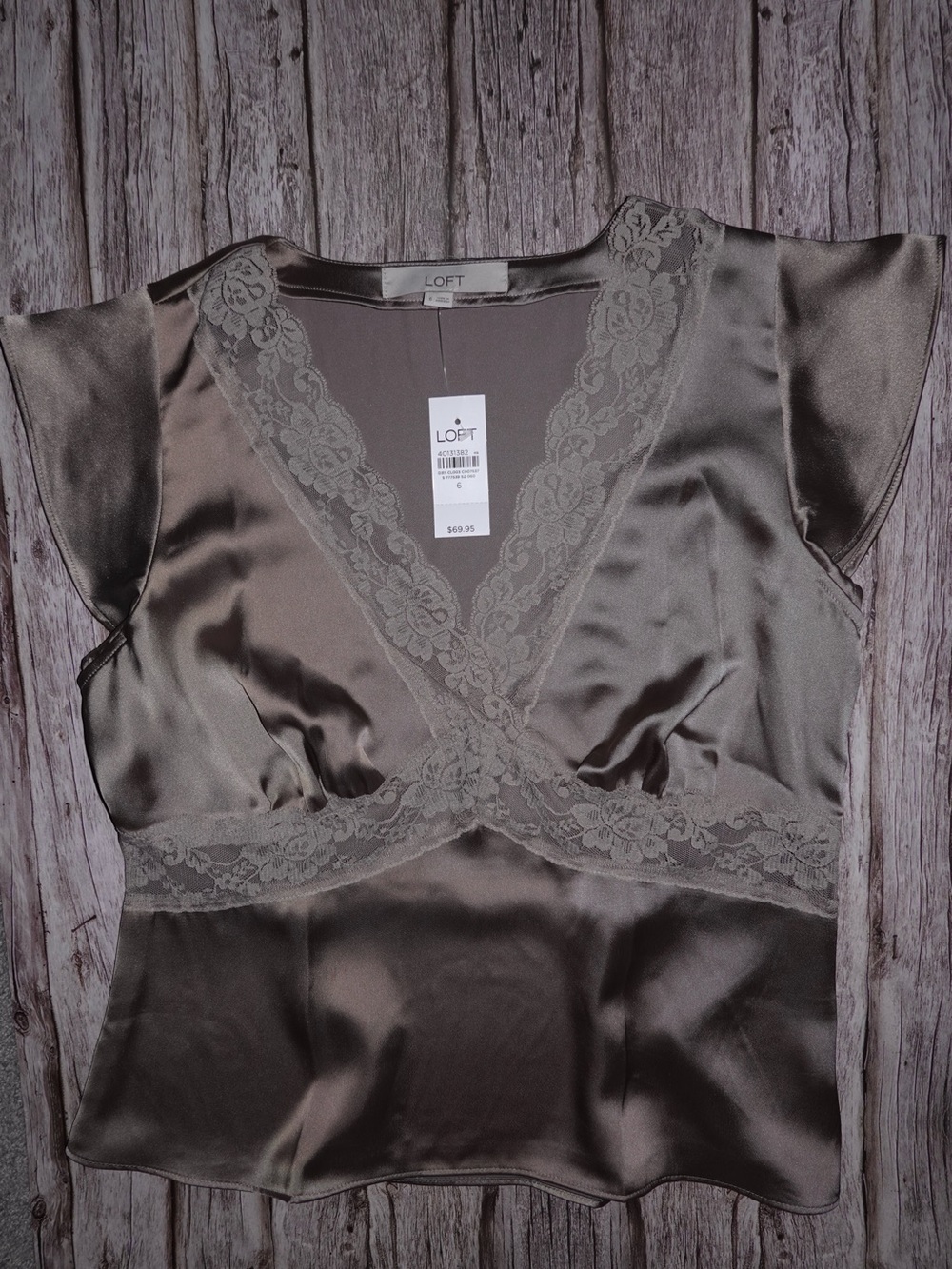 LOFT Satin Lace-Trim V-Neck Top — Taupe